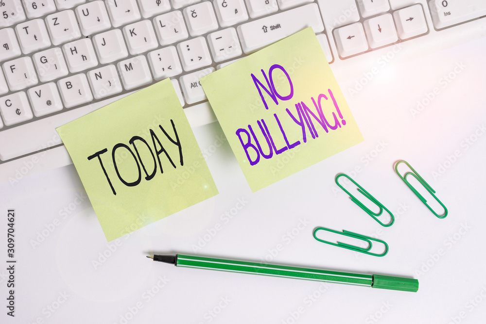 Word writing text No Bullying. Business photo showcasing stop aggressive behavior among children power imbalance Square green note paper with pencil on the white background Word writing text No Bullying. Business photo showcasing stop aggressive behavior among children power imbalance Square green note paper with pencil on the white background
