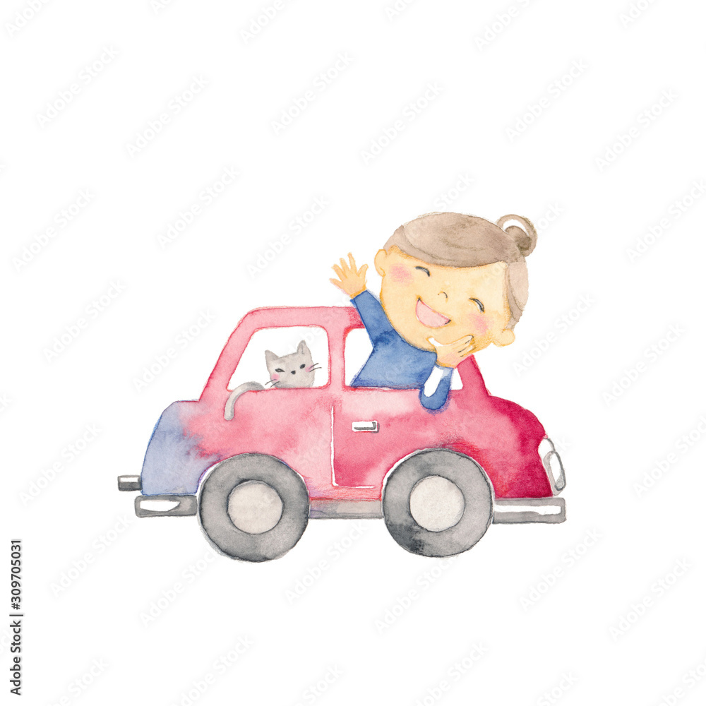 赤い車から手を振る女の子と猫 赤い車から手を振る女の子と猫