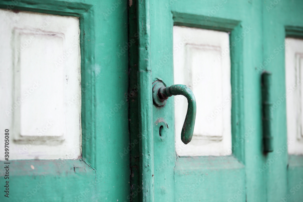 close up of green vintage entrance door