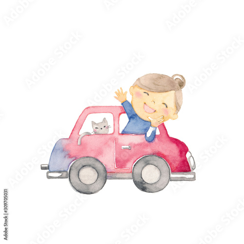 赤い車から手を振る女の子と猫