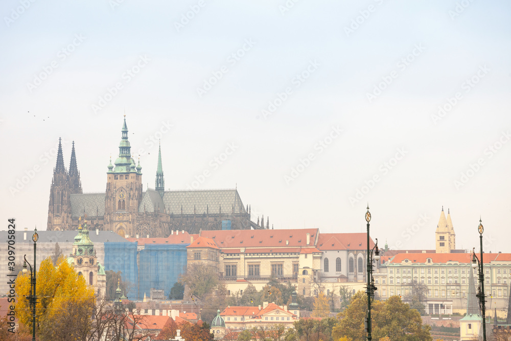 Panorama of the Old Town of Prague, Czech Republic, with a focus on Hradcany hill and the Prague Castle with the St Vitus Cathedral (Prazsky hill)