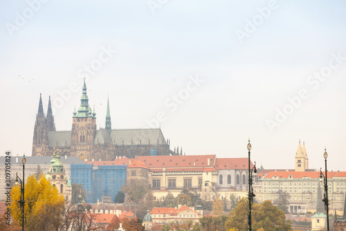 Panorama of the Old Town of Prague, Czech Republic, with a focus on Hradcany hill and the Prague Castle with the St Vitus Cathedral (Prazsky hill)