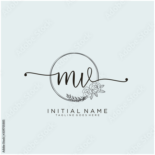 MV Letter Initial beauty monogram and elegant logo design, handwriting logo of initial signature, wedding, fashion, floral and botanical with creative template design.
