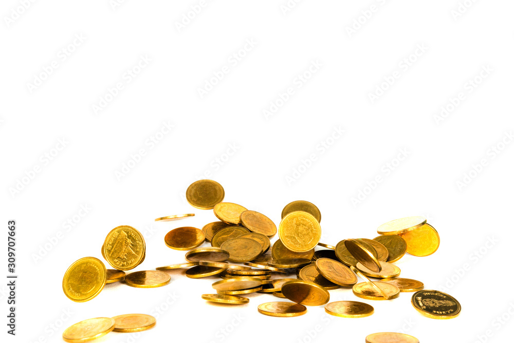 Movement of falling gold coin, flying coin, rain money isolated on white background, business and financial wealth and take profit concept. Movement of falling gold coin, flying coin, rain money isolated on white background, business and financial wealth and take profit concept.
