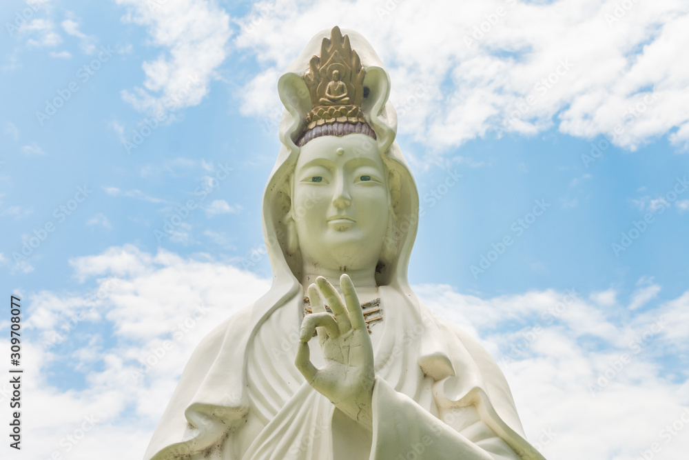 Close up of a Bodhisattva Avalokiteshvara (aka Kuan Yin) statue at Chen Tien Buddhist Temple in Foz do Iguacu, Brazil