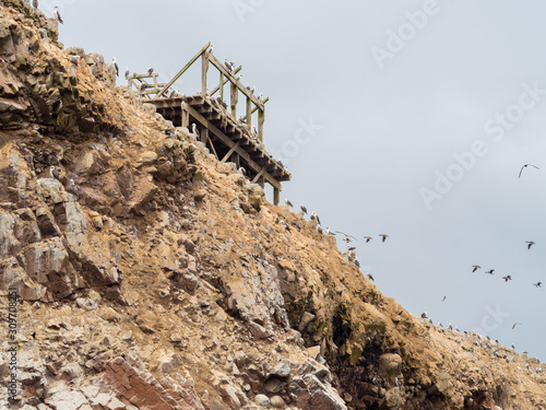 Photography Wooden structure at the top of a cliff at ballestas islands, used by the guano r