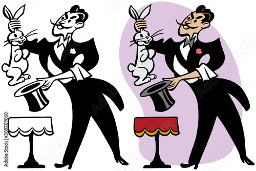 A cartoon of a magician performing the trick of pulling a rabbit out of his hat. 