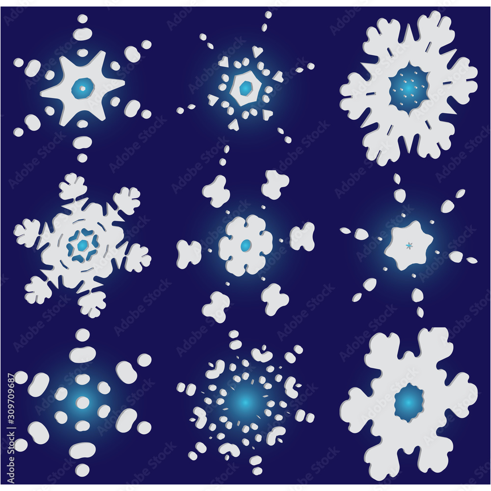 Kit of isolated  silhouettes of snowflakes on blue background.