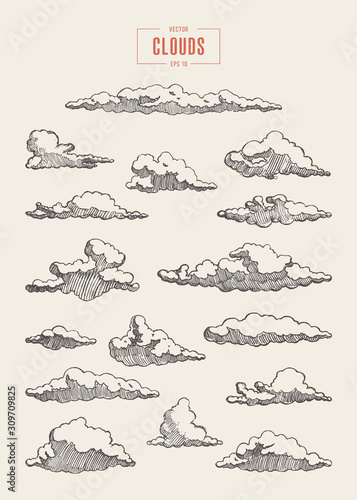 Fototapeta Naklejka Na Ścianę i Meble -  Set engraved style clouds drawn vector sketch