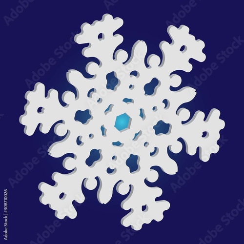 Paper cut isolated snowflake on blue background.