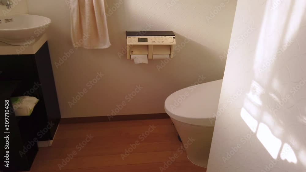 Japanese Toilet, Point of View walking shot as bathroom door is opened
