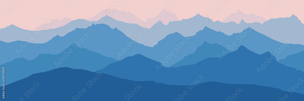 Fantasy on the theme of the morning landscape, sunrise in the mountains, panoramic view, vector illustration - obrazy, fototapety, plakaty 
