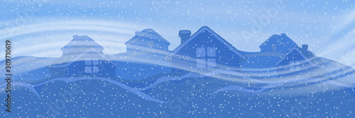 Fantasy on the theme of the winter landscape. Night, snowy village. Snowstorm, it's snowing. Vector illustration, EPS10
