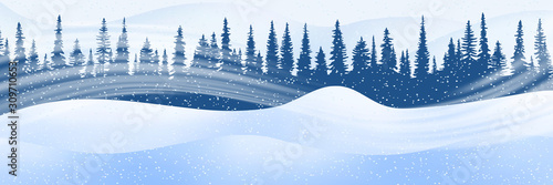Fantasy on the theme of the winter landscape. Falling snow, forest and snow drifts. Vector illustration, EPS10