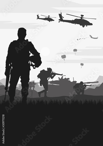   Military vector illustration  Army background  soldiers silhouettes. 