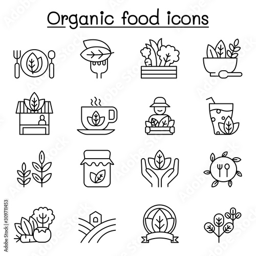 Organic food icon set in thin line style