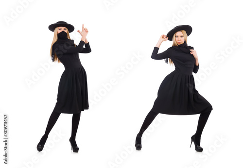 Woman in long black dress isolated on white