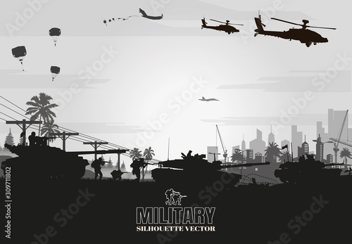  Military vector illustration, Army background, soldiers silhouettes. 