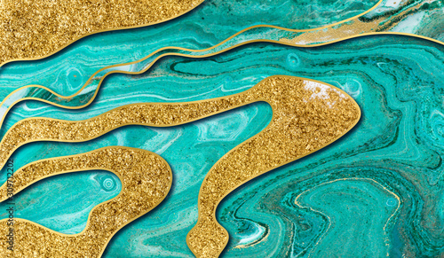 Green and gold agate ripple pattern. Marble background with wave layers.