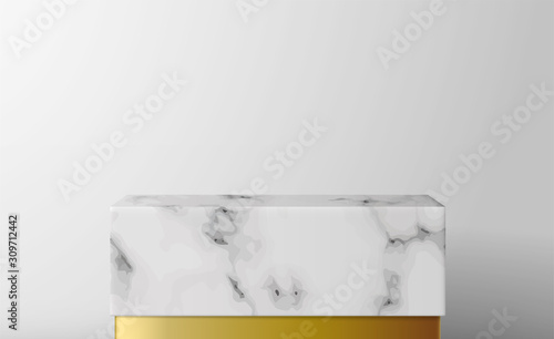 White marble Square podium in white background. decor by monstera leaves and blank Brand product mockup scene stage for product, sale, banner, presentation, cosmetics, offer. 3d illustration vector