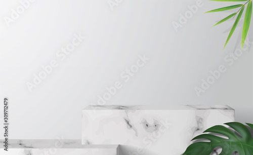 White marble Square podium in white background. decor by monstera leaves and blank Brand product mockup scene stage for product, sale, banner, presentation, cosmetics, offer. 3d illustration vector