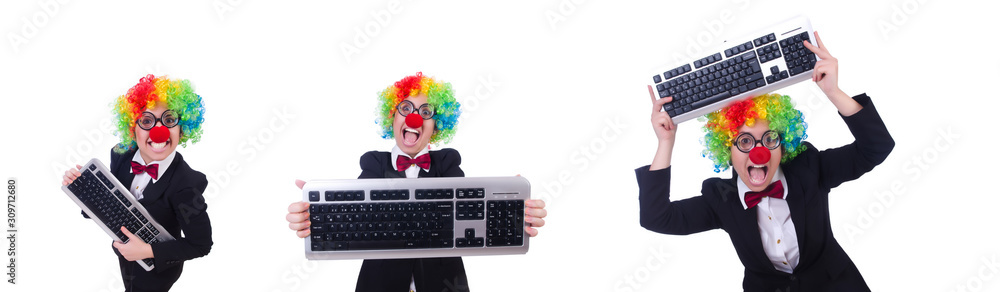 Funny clown with keyboard on white