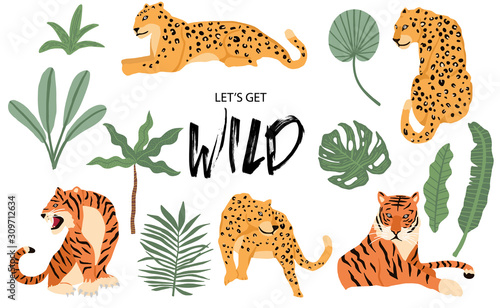 Cute animal object collection with leopard,tiger. illustration for icon,logo,sticker,printable.Include wording let's get wild