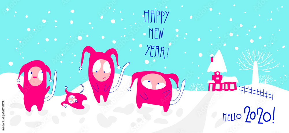 New year greeting card with four funny little monsters in magenta colour overalls on a snowy landscape. template for banner, poster, leaflet, t-shirt, ad, note, announce of theme party, etc
