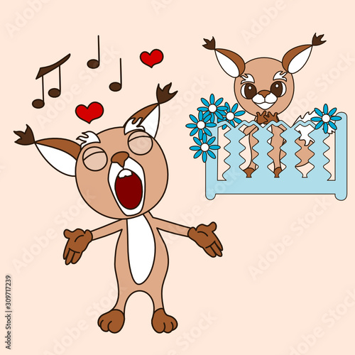 Greeting card valentine with a cool squirrel guy who sings a serenade under the balcony of his girlfriend, color vector emoticon on a pink isolated background