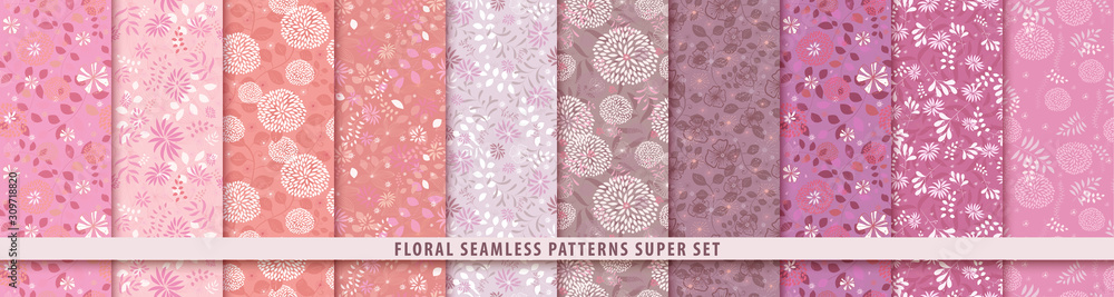 Floral seamless red pattern set. Flowers and leaves.. Color vector background. Summer and spring print - obrazy, fototapety, plakaty 