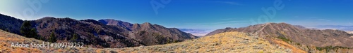 Landscape views of Tooele from the Oquirrh Mountains hiking and backpacking along the Wasatch Front Rocky Mountains, by Kennecott Rio Tinto Copper mine, by the Great Salt Lake in fall. Utah, America.