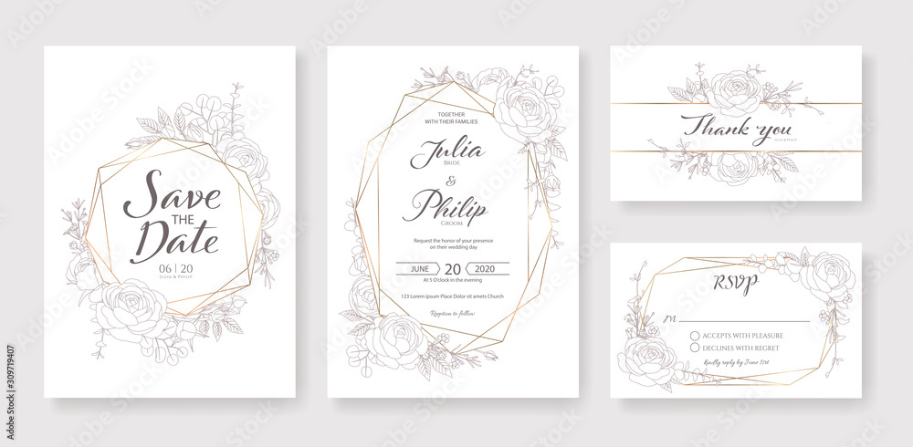 Wedding Invitation, save the date, thank you, rsvp card Design template. Vector. Rose, silver dollar, Wax flower.