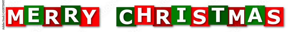 Fototapeta premium MERRY CHRISTMAS WHITE ON RED AND GREEN SQUARE WHITE BACKGROUND
