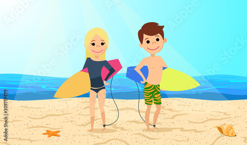 Surfers. Boy and girl with boards for windsurfing are at the beach. Vector illustration.