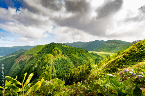 Views of the fields  mountains and valleys in the Azores