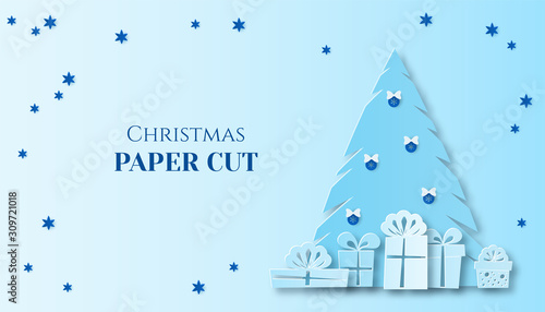 Poster in paper art. Christmas fir and gifts in a multilayer illustration. Place for text. Business card design.