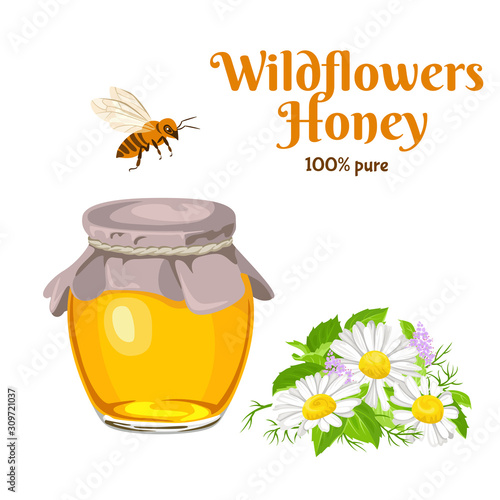 Pure wildflower honey in glass jar, flying bee and bouquet of meadow flowers isolated on  white background. Vector illustration of natural sweets in cartoon flat style.