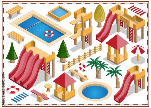 A set of elements for the water park. Isometric. Isolated on white background. Vector illustration.