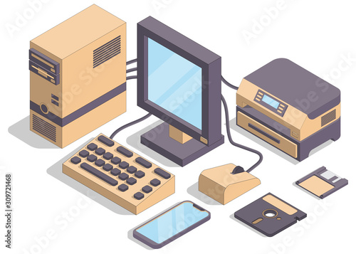 Set of elements of computer. Isometric. Isolated on a white background. Vector illustration.