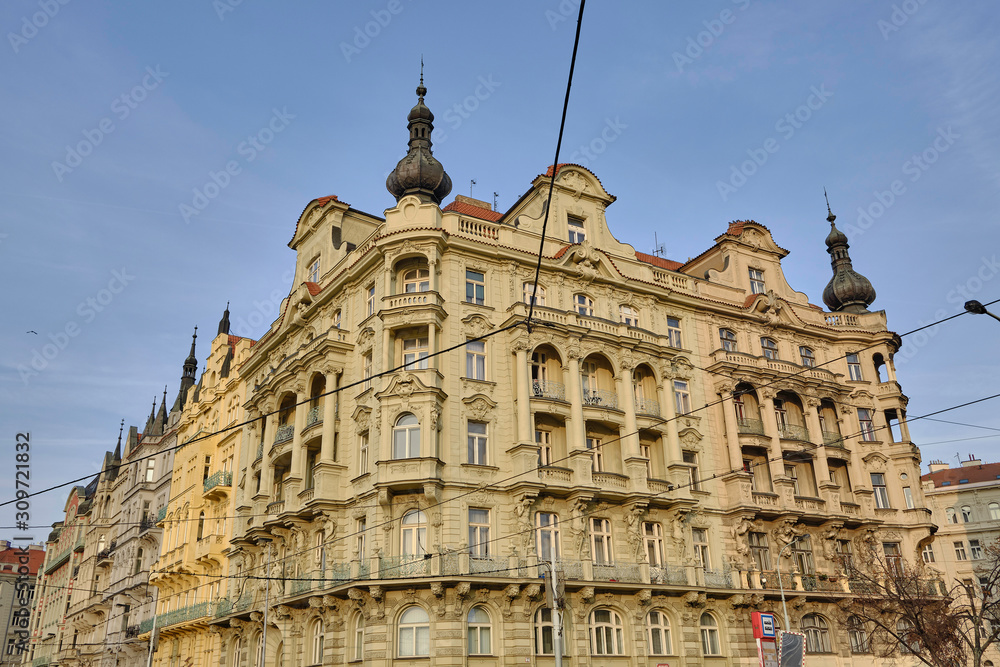 Scenic view of old beautiful building in capital of Czech Republic Prague. Beautiful summer sunset look of ancient historic construction in center of biggest city of Czechia in Europe.