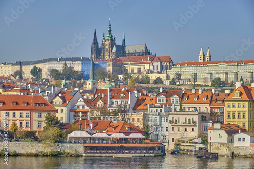 Scenic panorama with Prague Castle  Prazsky hrad  and Vlatva river in capital of Czech Republic Prague. Beautiful summer sunny cityscape of the biggest city of Czechia