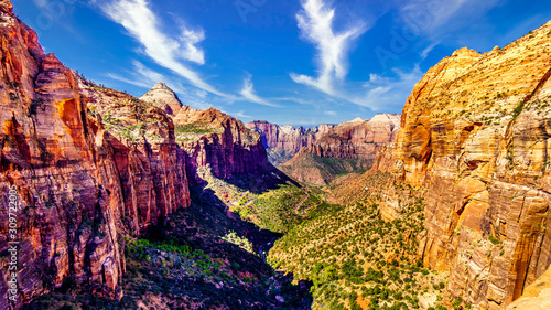 Zion Canyon, with the hairpin curves of the Zion-Mount Carmel Highway on the canyon floor, viewed from the top of the Canyon Overlook Trail in Zion National Park, Utah, United States
