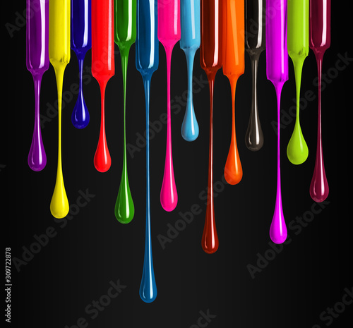 Foto Colorful drops of nail polish drip from brushes close-up on black background