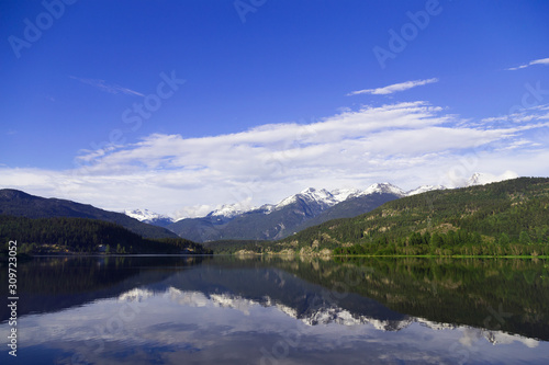 Mountains around Whistler in British Columbia, Canada. Blue and violet color concept. No people.