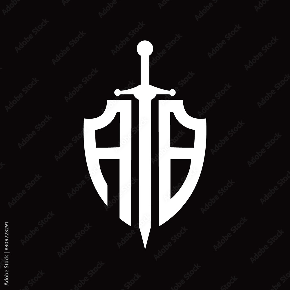 AB logo with shield shape and sword AB logo with shield shape and sword