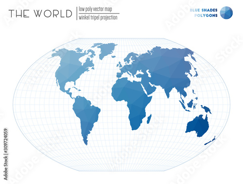 World map with vibrant triangles. Winkel tripel projection of the world. Blue Shades colored polygons. Neat vector illustration.