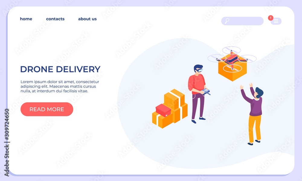 Isometric drone delivery service. People use VR headset. Virtual reality express delivery cardboard box with goods from store concept. 3d vector isometric landing page Isometric drone delivery service. People use VR headset. Virtual reality express delivery cardboard box with goods from store concept. 3d vector isometric landing page