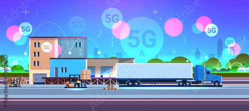 Forklift loading cardboard boxes on pallet in semi truck trailer delivery concept 5G online wireless system connection warehouse building exterior flat horizontal vector illustration