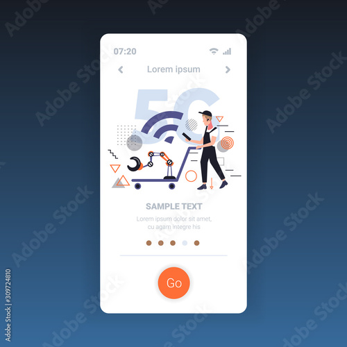 worker in uniform pushing trolley cart with robotic arm using smartphone 5G fifth innovative generation of wireless internet connection concept full length smartphone screen online mobile app vector