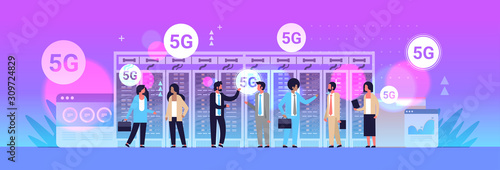 businesspeople discussing during meeting using 5G online wireless system connection fifth innovative generation of high speed internet concept data center interior full length horizontal vector